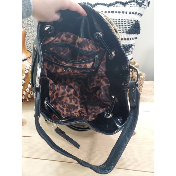 B. Makowsky Designer Black Large Soft Leather Shoulder Handbag Purse Drawstring - Picture 13 of 16